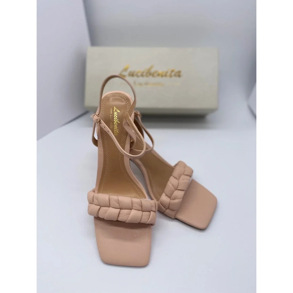 Lucibenita Nude Braided Square Toe Block Heel Sandals Ankle Strap Size 9.5 NEW